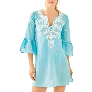 Lilly Pulitzer Piet Coverup Embroidered Tunic Dressr Turquoise Embroidered Top M